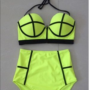 Two piece florescent yellow bathing suit